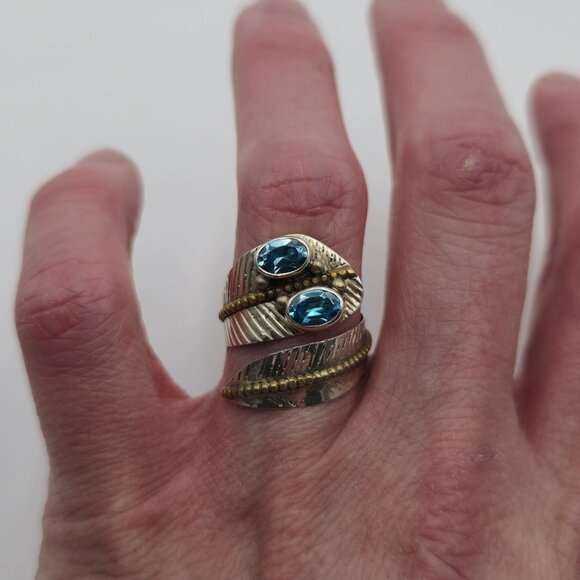 Size 8 Sterling Silver Aquamarine Gems Brass Accent Ring A3196 - Picture 5 of 10